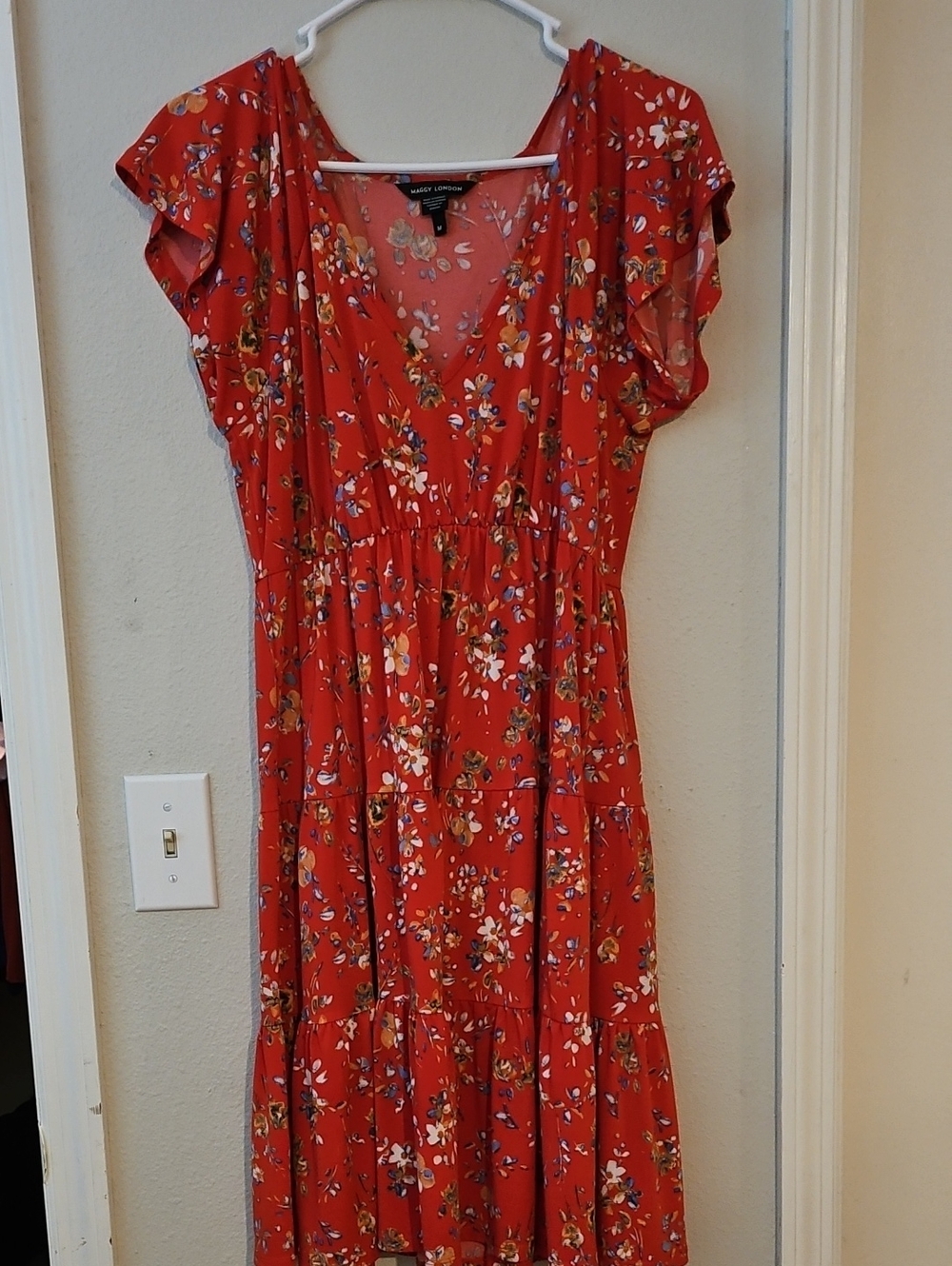 Maggy London Red Floral Midi Dress with Tiered Skirt